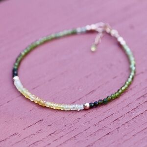 Natural Yellow Sapphire Green Tourmaline Bracelet Solid 14K Rose Gold , 7.1"